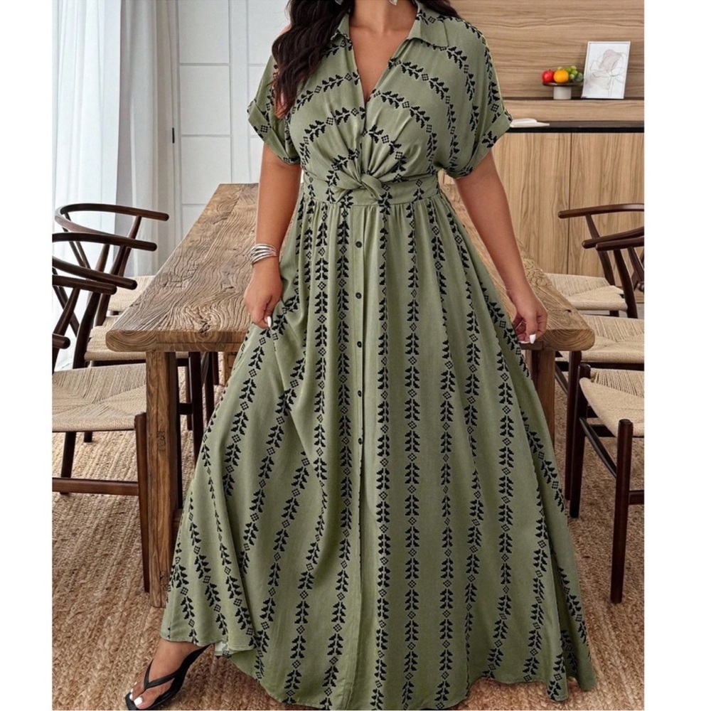 Plus Geo Print V Neck Stretchy Waist Twist Front Maxi Dress 1X 2X 3X 4X